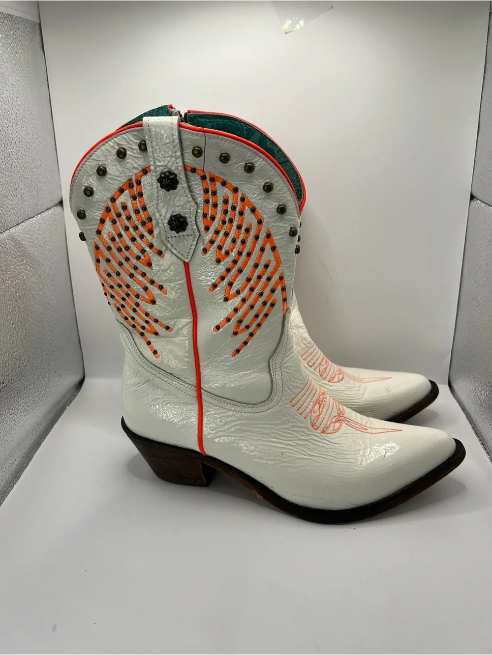 Corral White and Orange Studded Western Ankle Boots